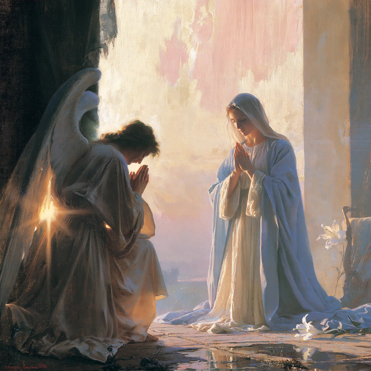 the Annunciation at dawn in The Annunciation at Dawn style, square Christian artwork no. 4