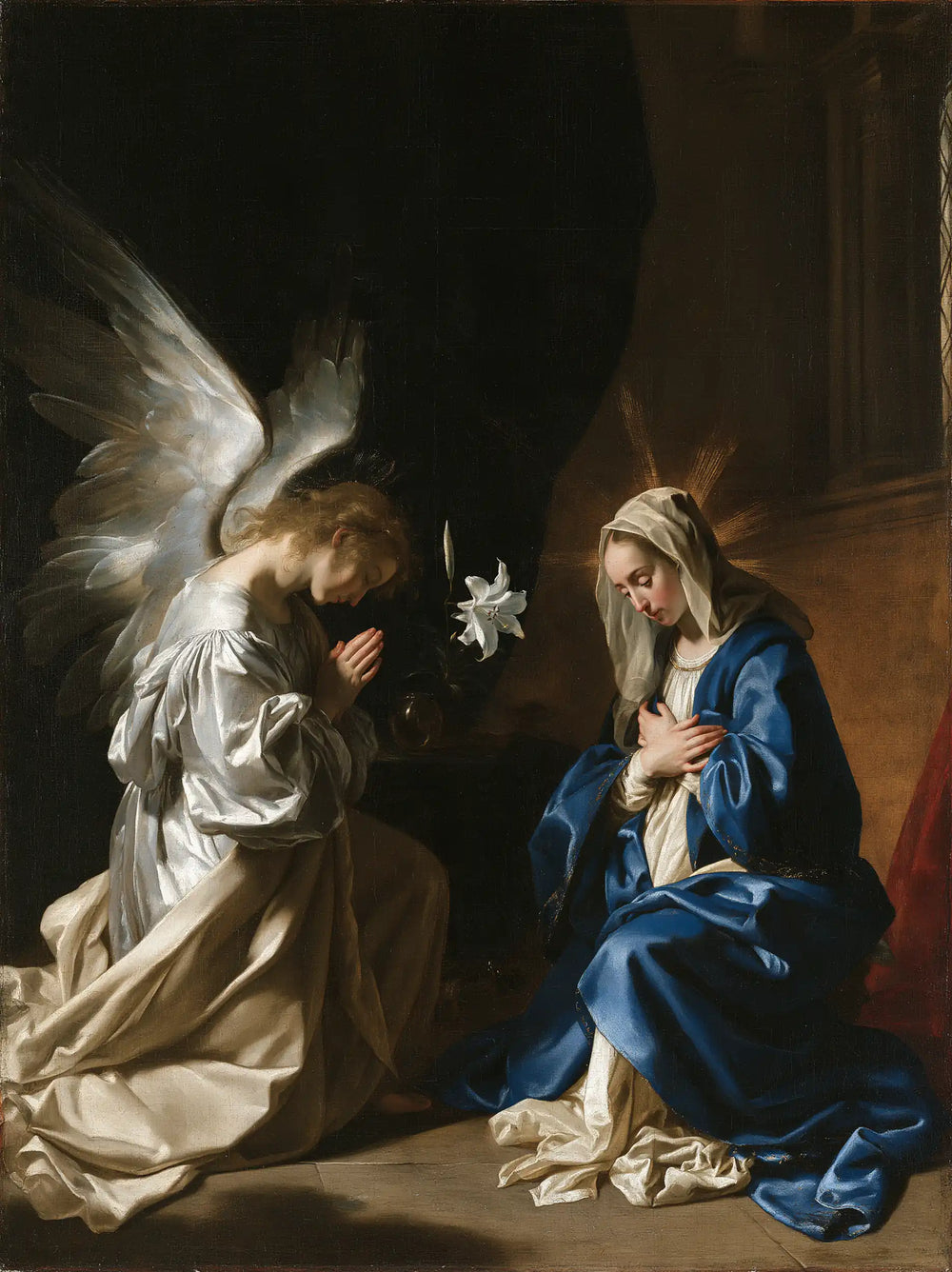 the Annunciation in black and gold in Black and Gold style, portrait Christian artwork no. 17