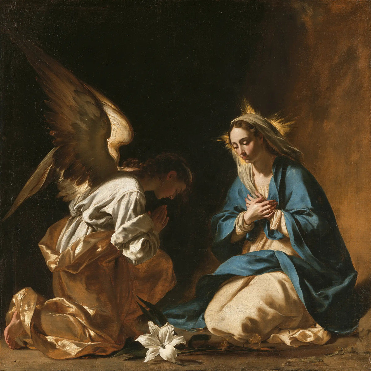 the Annunciation in black and gold in Black and Gold style, square Christian artwork no. 5