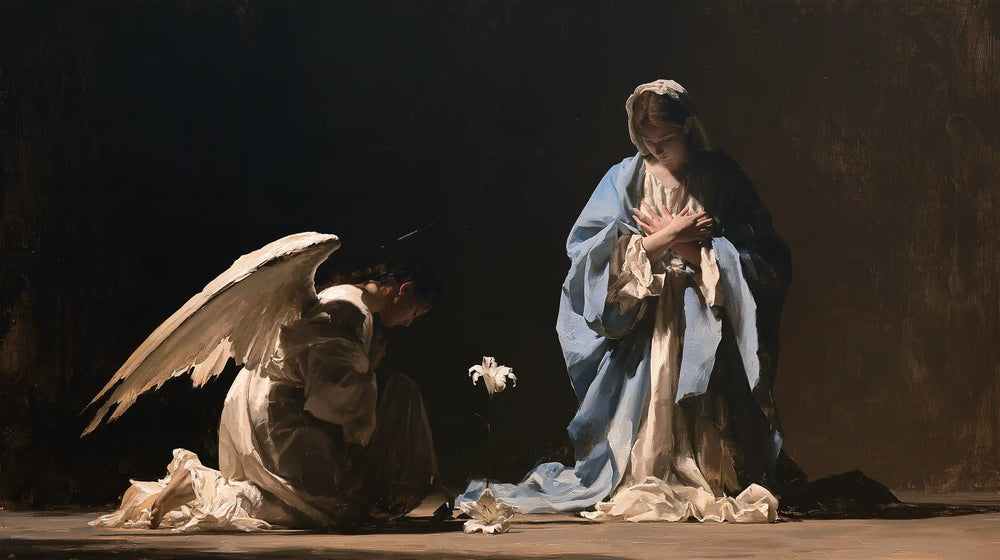 the Annunciation in a minimalist composition in Contemporary Minimalism style, landscape Christian artwork no. 11