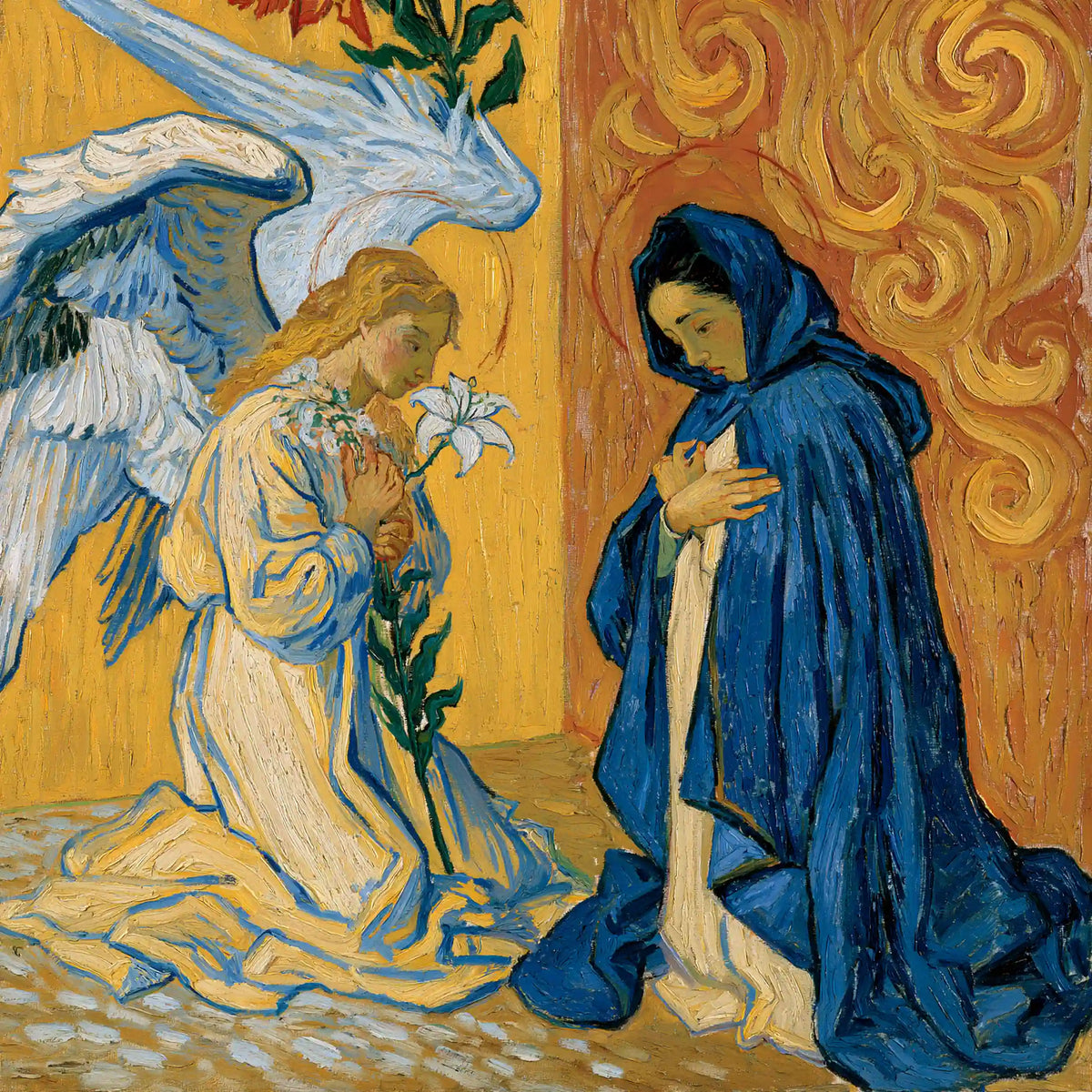 Annunciation beside Crimson Scrollwork – Post-Impressionist Art · Square