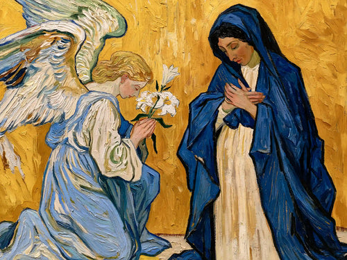 Mary standing before a crimson patterned wall as Gabriel offers a lily in a Post-Impressionist Annunciation