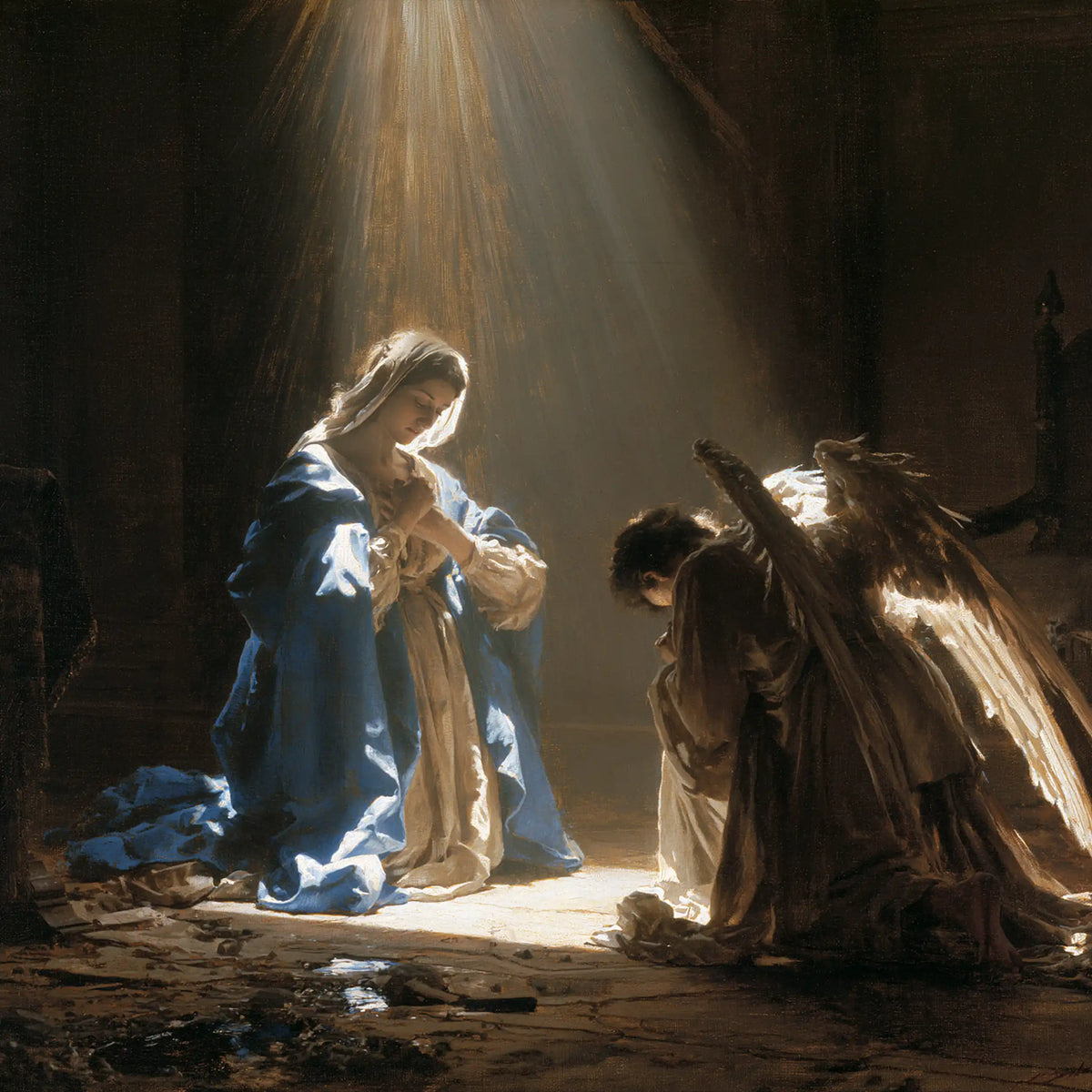 divine light descending upon Mary at the Annunciation in Divine Light Descending upon Mary style, square Christian artwork no. 1