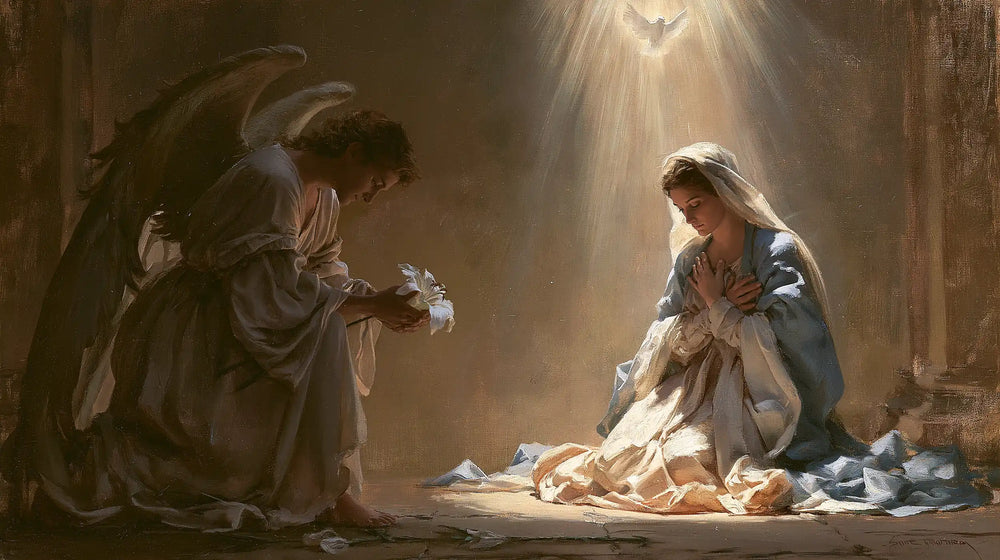 the Annunciation with the Holy Spirit in The Holy Spirit style, landscape Christian artwork no. 14