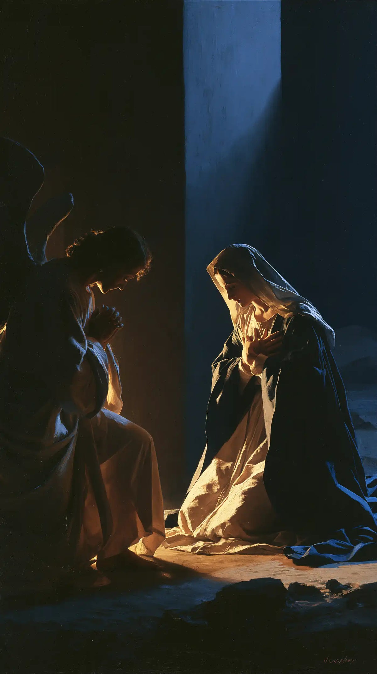the Annunciation in midnight-blue chiaroscuro in Midnight Blue Chiaroscuro style, portrait Christian artwork no. 8