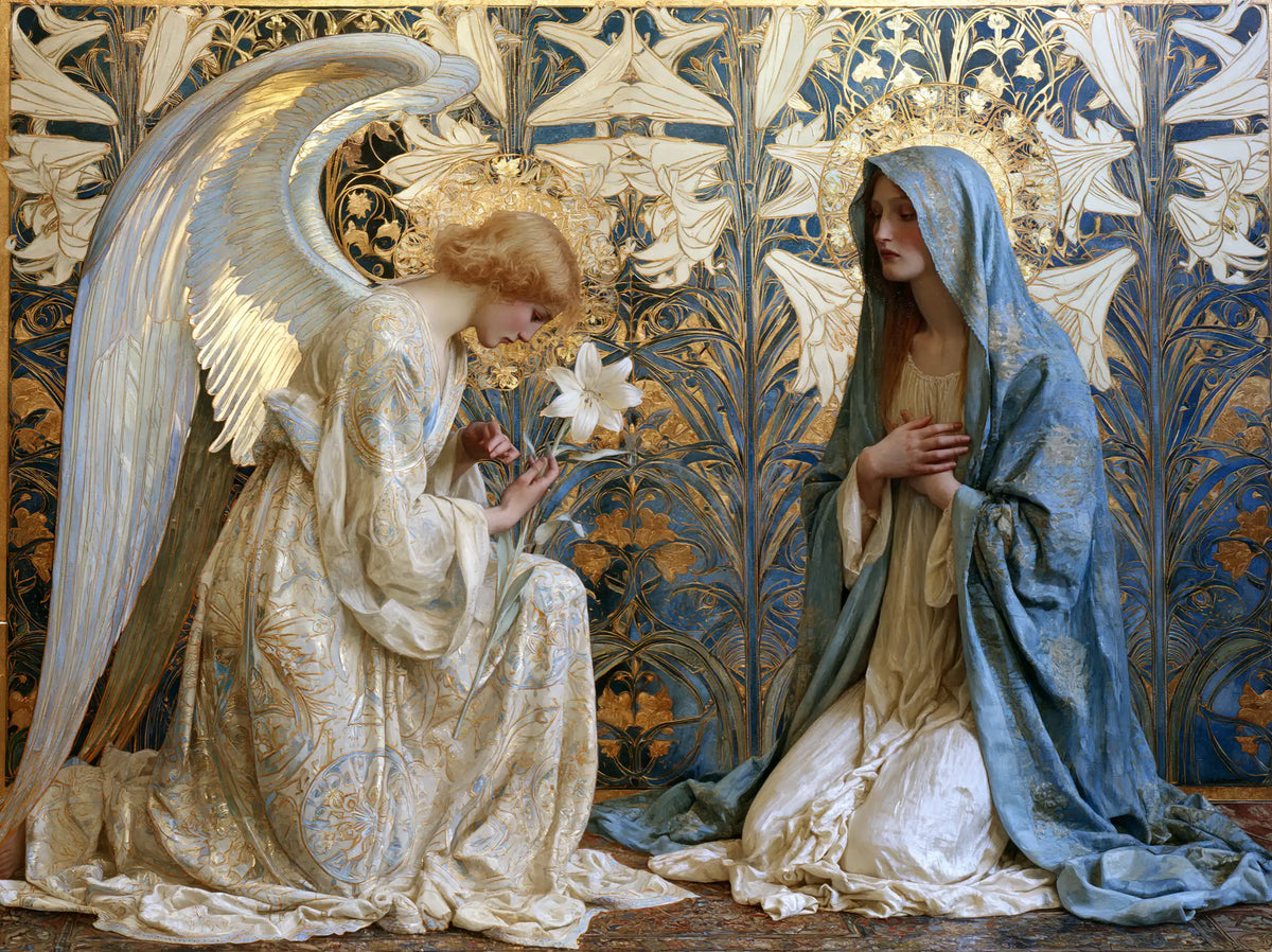 the Annunciation framed by sacred Art Nouveau ornament in Sacred Art Nouveau style, landscape Christian artwork no. 1