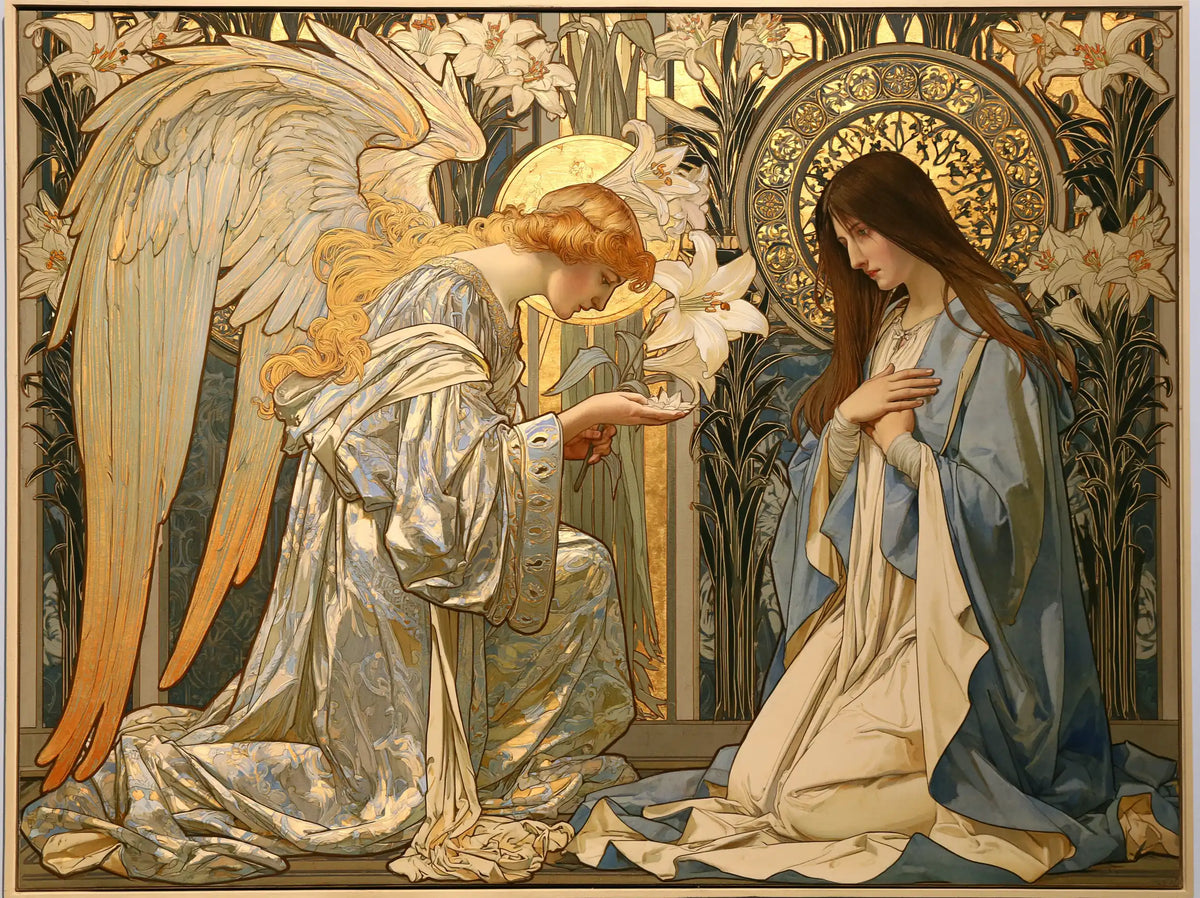 the Annunciation framed by sacred Art Nouveau ornament in Sacred Art Nouveau style, landscape Christian artwork no. 8