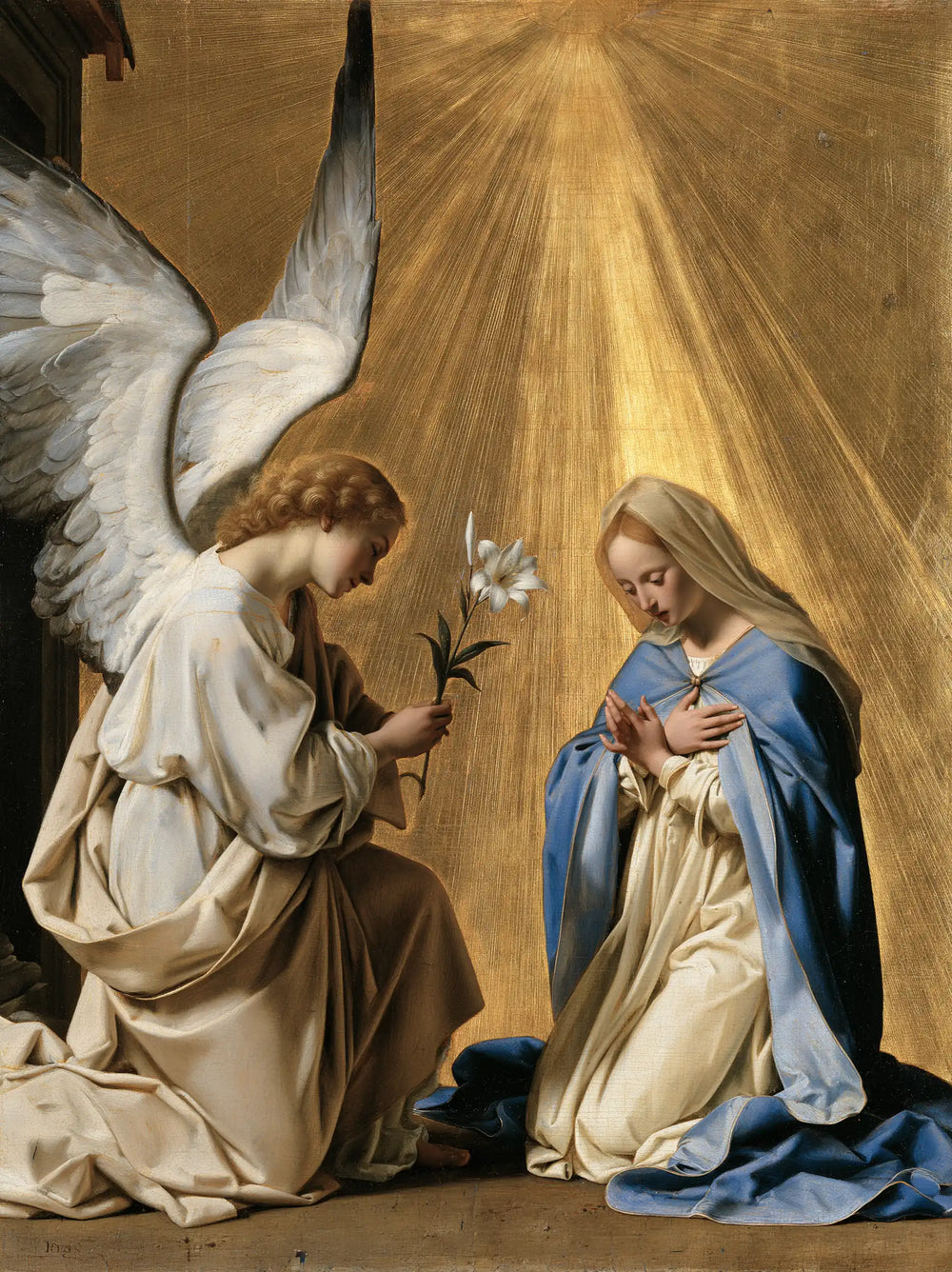 the Annunciation in sacred golden light in Sacred Gold style, portrait Christian artwork no. 9