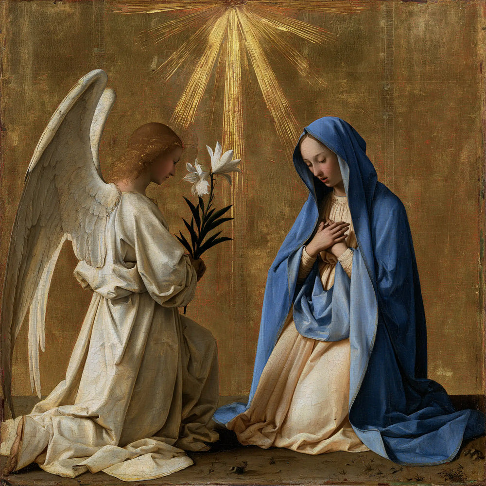the Annunciation in sacred golden light in Sacred Gold style, square Christian artwork no. 9