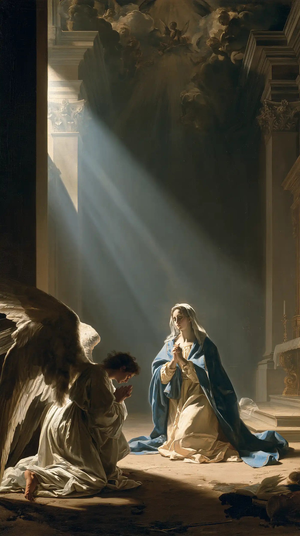 the Annunciation in a monumental sacred view in Sacred Monumental View style, portrait Christian artwork no. 2