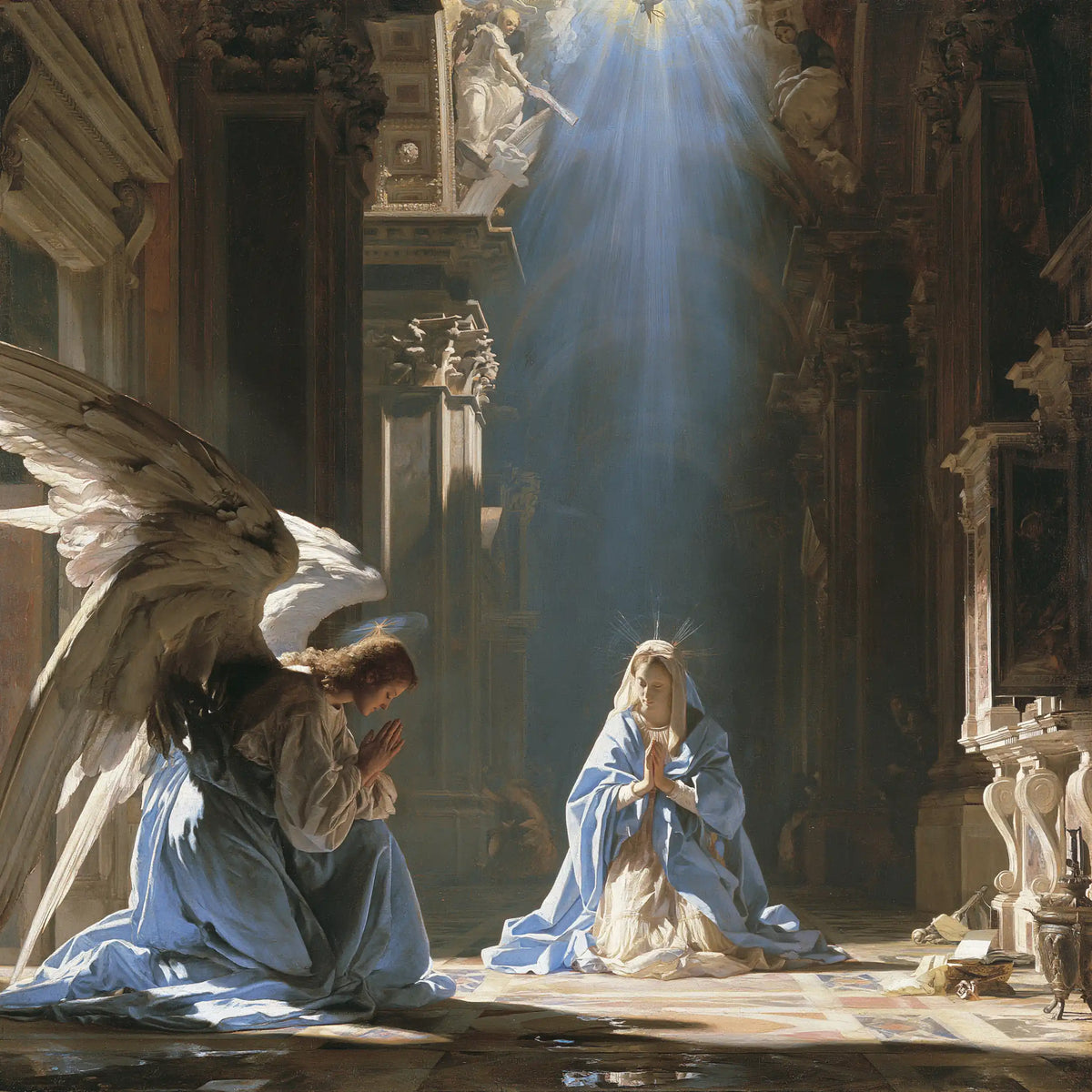 the Annunciation in a monumental sacred view in Sacred Monumental View style, square Christian artwork no. 5