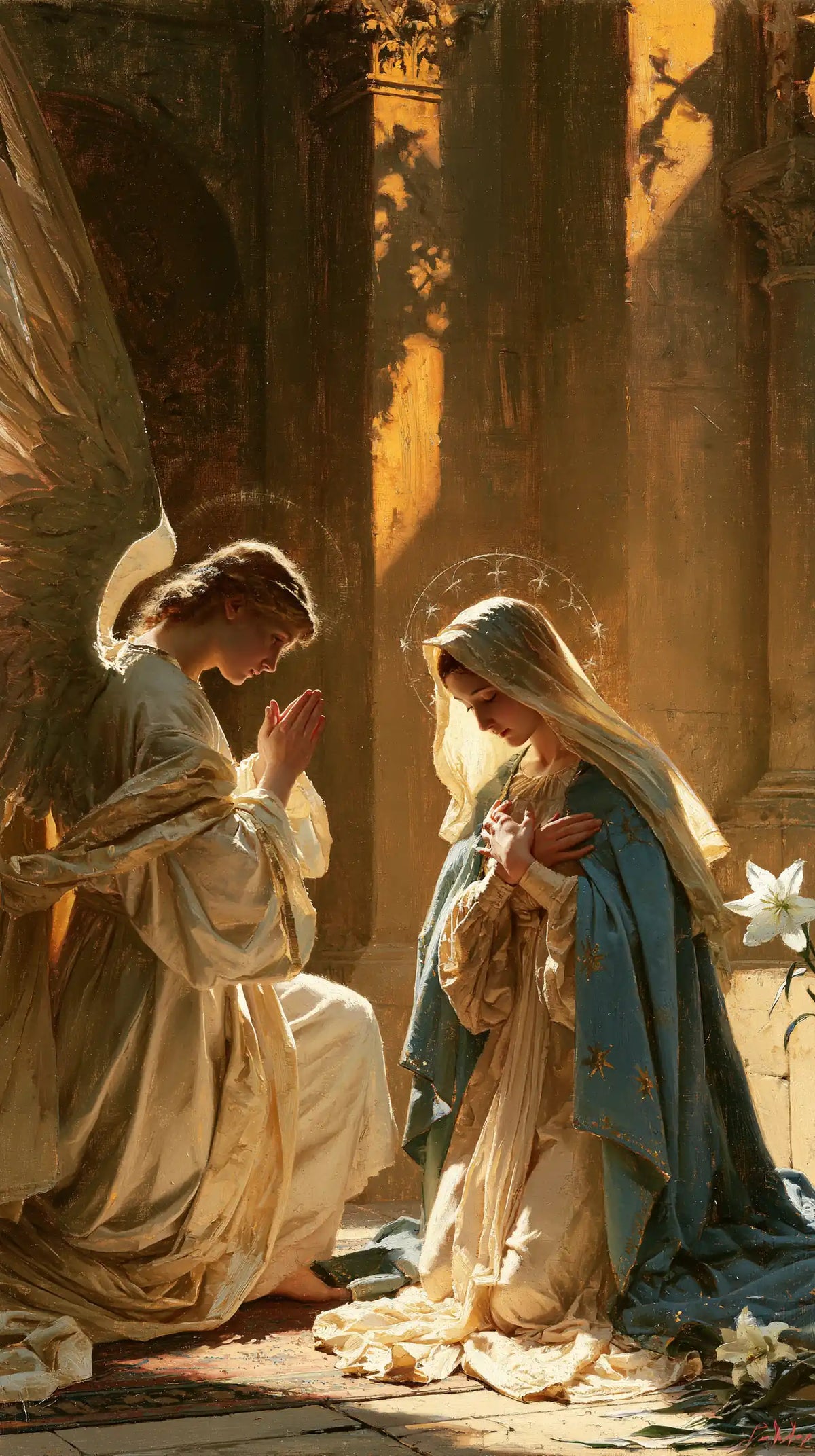 Mary in contemplative silence at the Annunciation in The Silence of Mary style, portrait Christian artwork no. 7