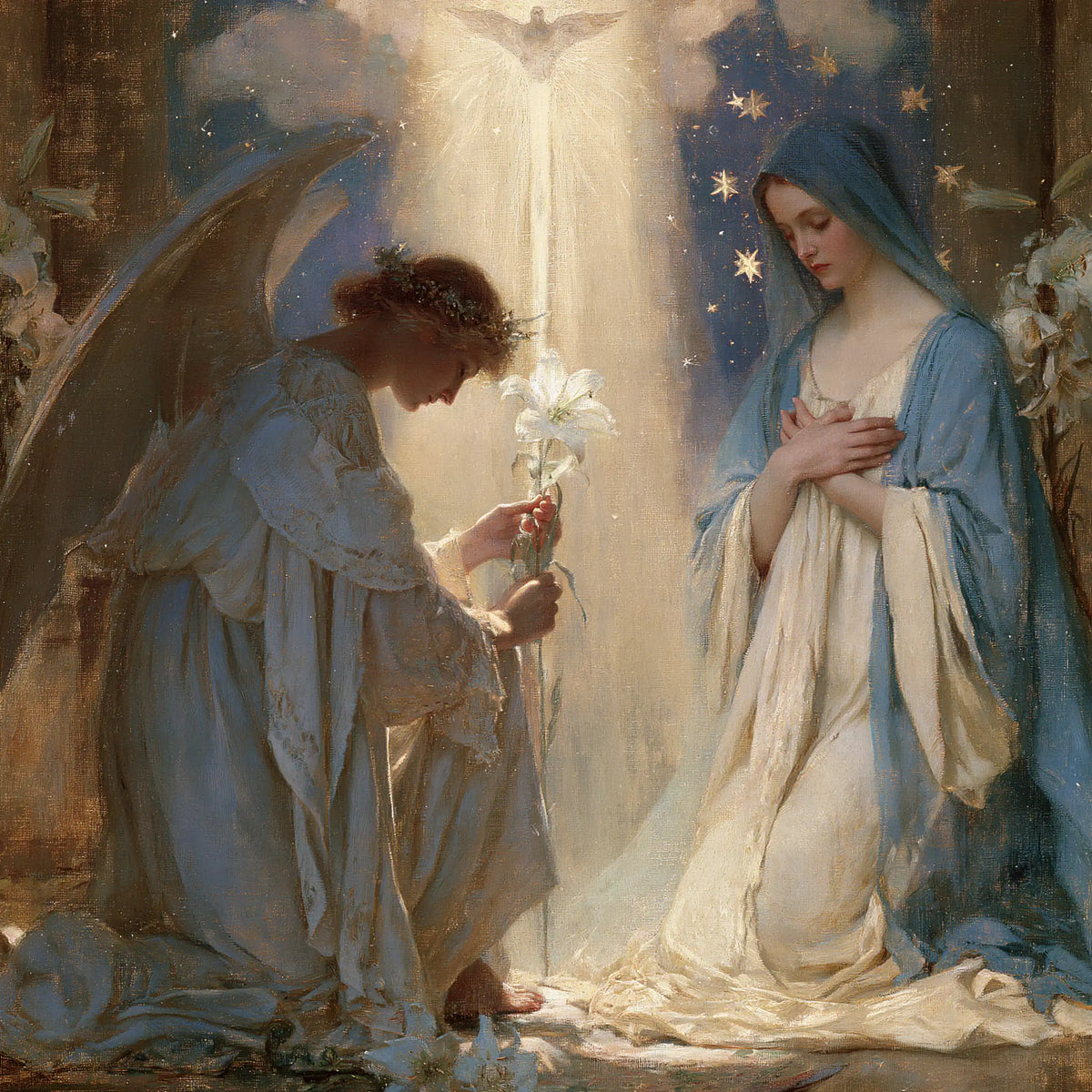 the Annunciation in a symbolist composition in Symbolist style, square Christian artwork no. 8