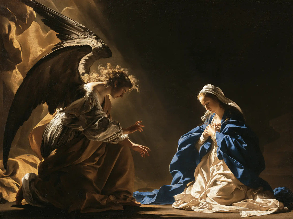 the Annunciation in a theatrical Baroque scene in Theatrical Baroque style, landscape Christian artwork no. 4