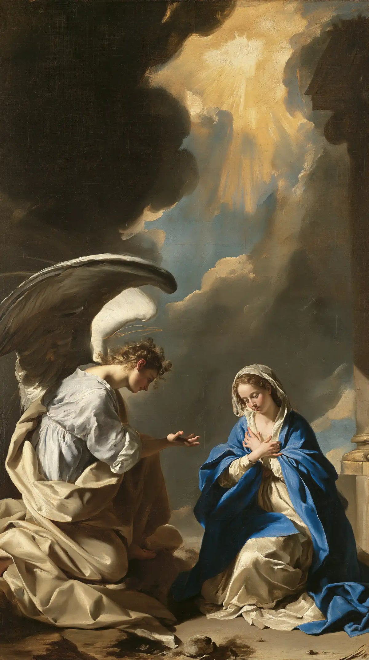 the Annunciation in a theatrical Baroque scene in Theatrical Baroque style, portrait Christian artwork no. 7