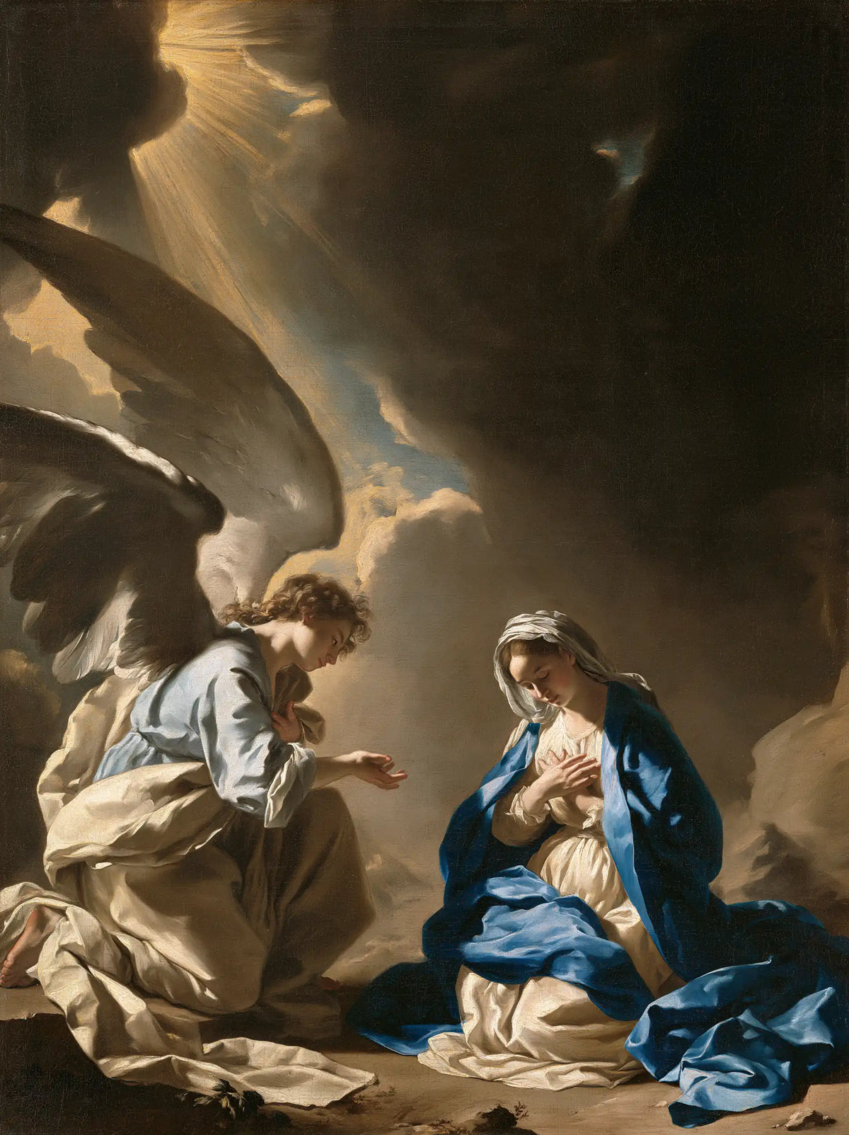 the Annunciation in a theatrical Baroque scene in Theatrical Baroque style, portrait Christian artwork no. 18