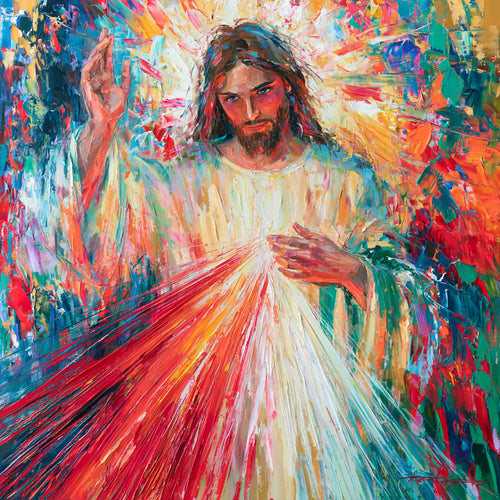 Jesus as Divine Mercy with red and pale rays, colour expressionism square Christian artwork