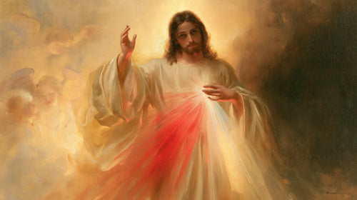 the glory of Divine Mercy Jesus in Glory of the Merciful Christ style, landscape Christian artwork no. 6