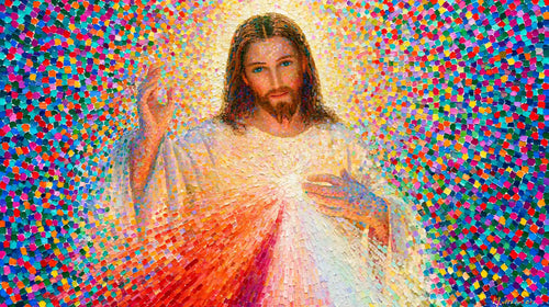 Jesus as Divine Mercy with red and pale rays, pointillist & neo-impressionist landscape Christian artwork