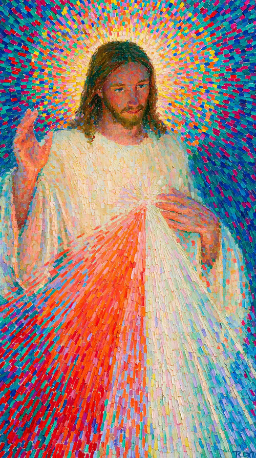 Jesus as Divine Mercy with red and pale rays, pointillist & neo-impressionist portrait Christian artwork