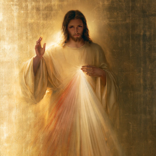 Divine Mercy Jesus in radiant golden light in Sacred Gold style, square Christian artwork no. 2