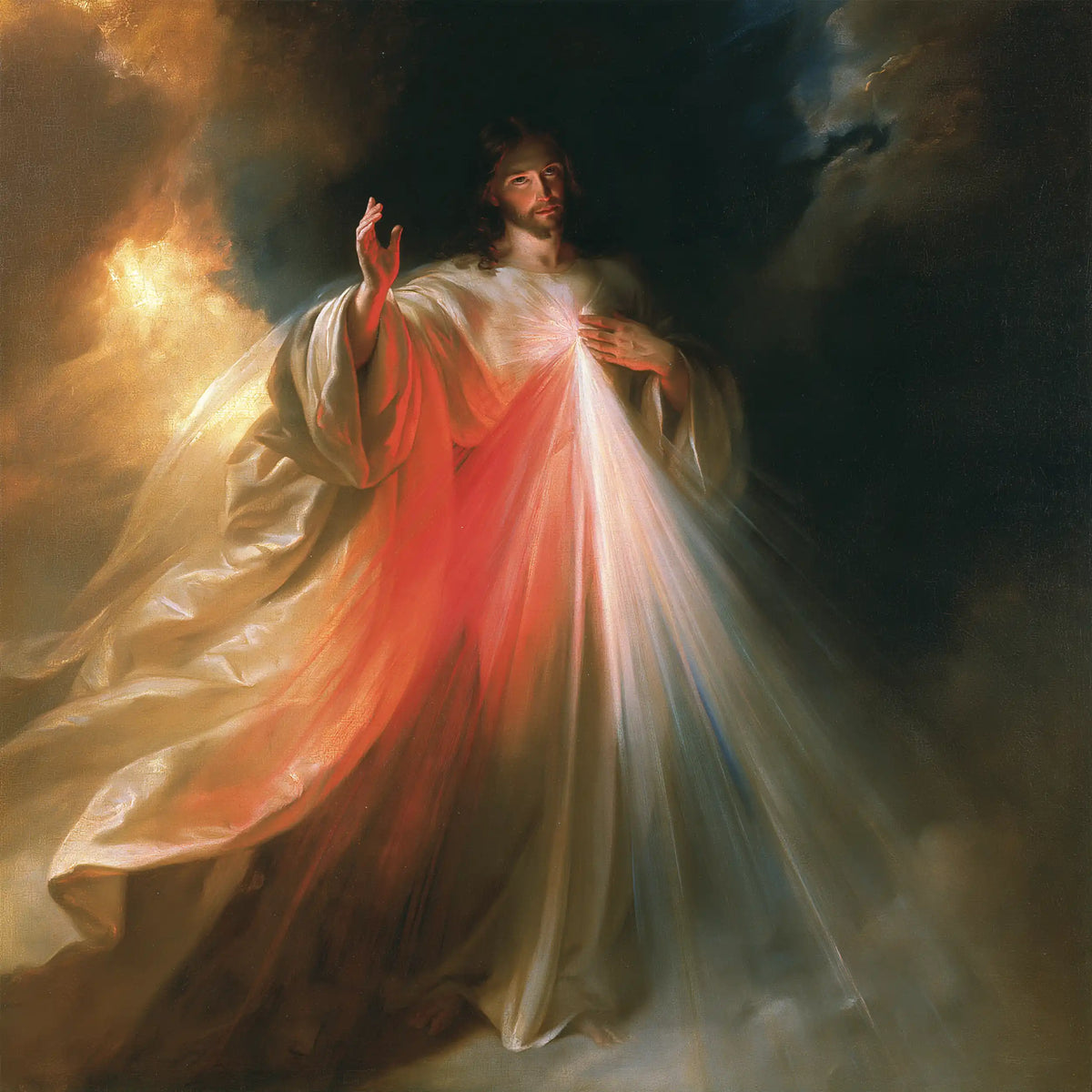 Divine Mercy Jesus — The Gaze Above the Floating Mantle