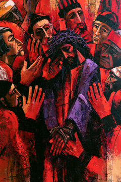 Ecce Homo — Crossed Hands Before Scarlet Palms