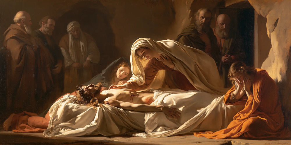 Entombment of Jesus Christ in Intimate Mourning style, landscape Christian artwork no. 4