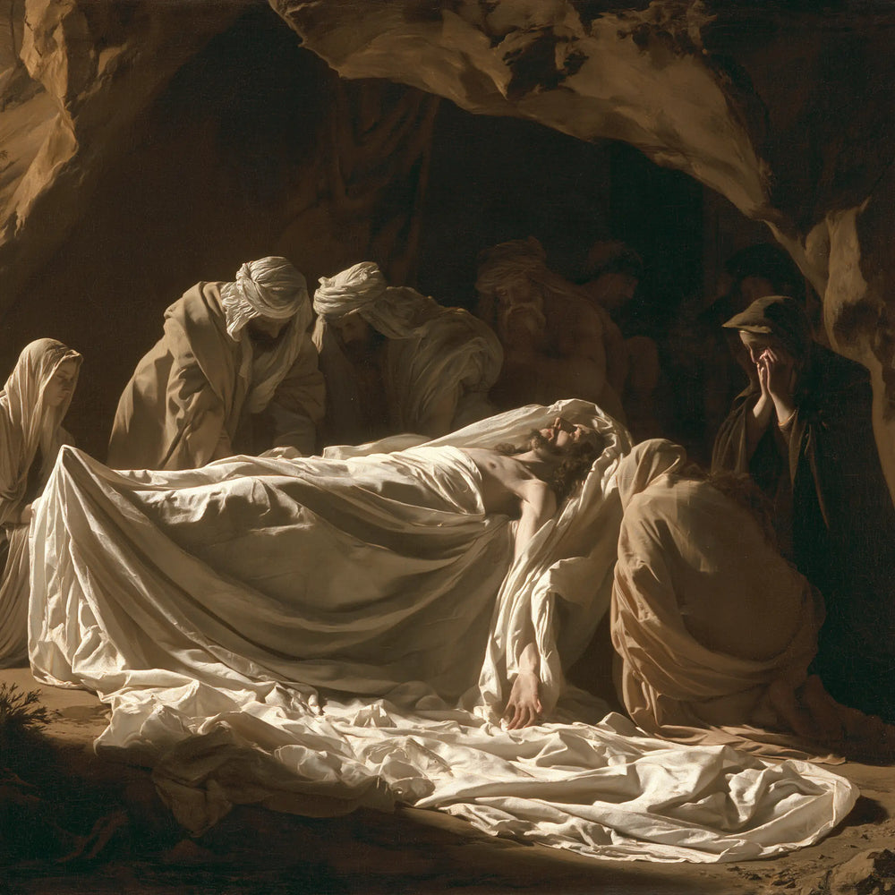 Entombment of Jesus Christ in Sacred Silence style, square Christian artwork no. 1