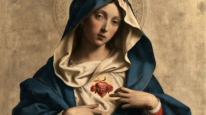The Immaculate Heart of Mary — Three Roses Beneath the Folded Veil