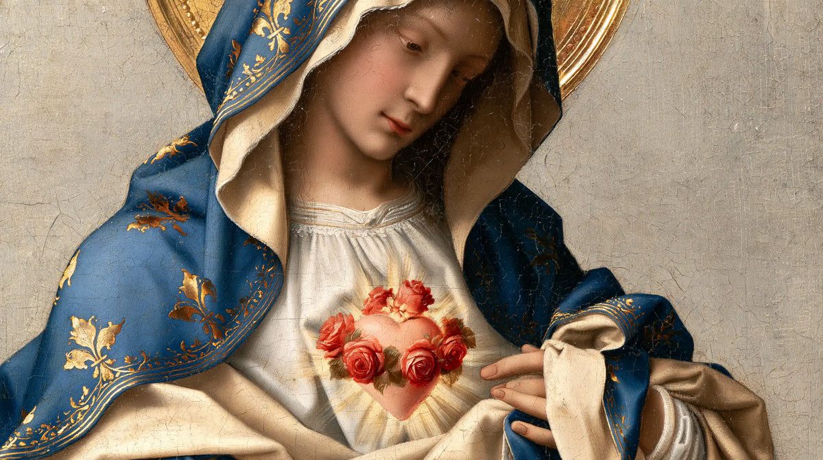 The Immaculate Heart of Mary — The Flowered Heart Beside Golden Embroidery