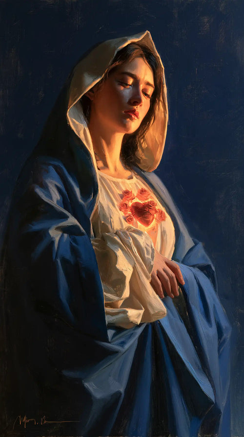 the Immaculate Heart of Mary in midnight-blue chiaroscuro in Midnight Blue Chiaroscuro style, portrait Christian artwork no. 7