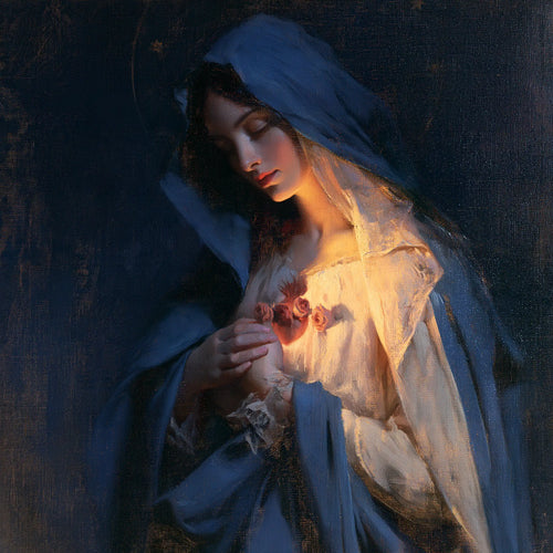 the Immaculate Heart of Mary in midnight-blue chiaroscuro in Midnight Blue Chiaroscuro style, square Christian artwork no. 1