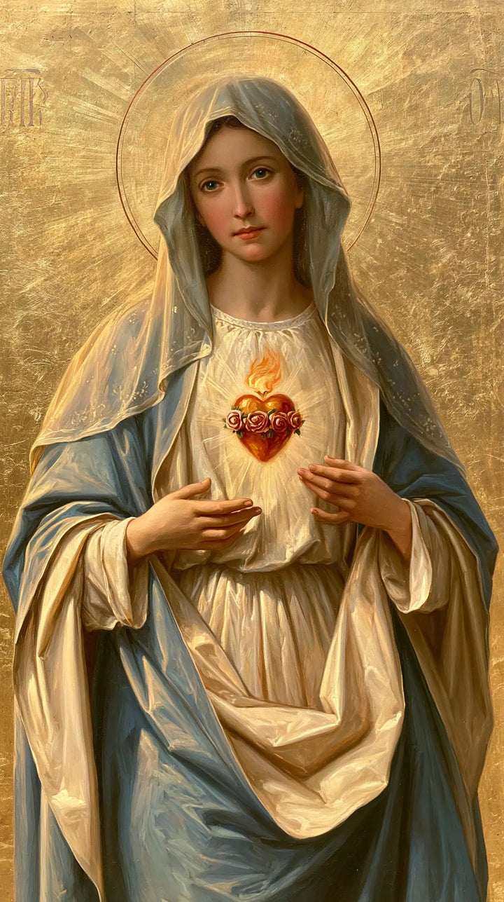 The Immaculate Heart of Mary — Raised Hands Above Pleated Ivory