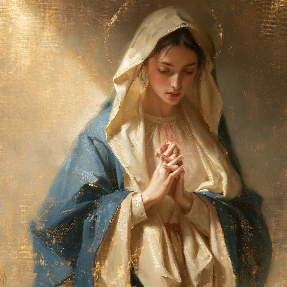 the Immaculate Heart of Mary in devotional silence in The Silence of Devotion style, square Christian artwork no. 3