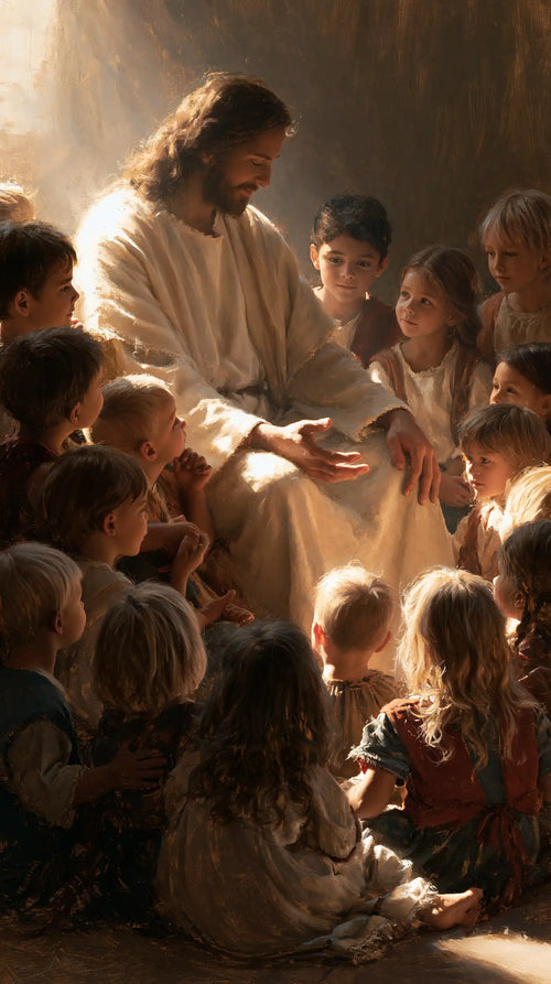 Jesus with children in a meditation on sacred innocence in Innocence as a Sacred Symbol style, portrait Christian artwork no. 7