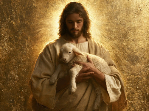 Jesus with a lamb in sacred golden light in Sacred Gold style, landscape Christian artwork no. 6