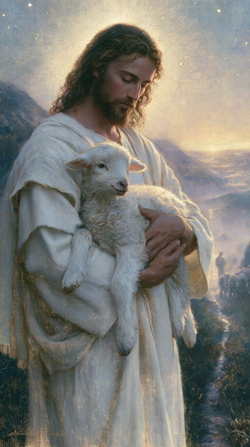 Jesus and the lamb in a symbolist composition in Symbolist style, portrait Christian artwork no. 4
