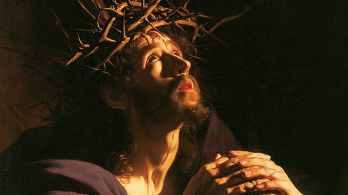 Jesus crowned with thorns in dramatic chiaroscuro in Caravaggio Tenebrism style, landscape Christian artwork no. 16