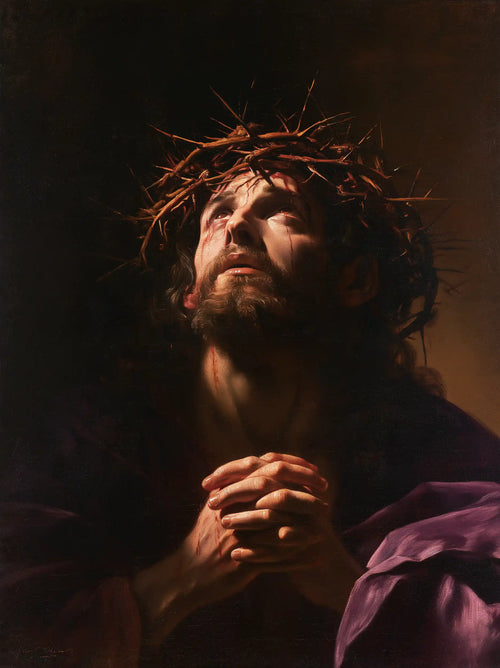 Jesus crowned with thorns in dramatic chiaroscuro in Caravaggio Tenebrism style, portrait Christian artwork no. 15