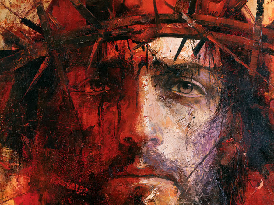 Jesus Crowned with Thorns — The Face beneath Carmine Rain