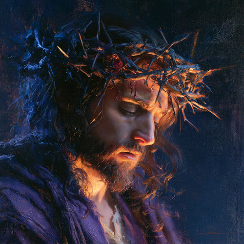Jesus crowned with thorns in midnight blue chiaroscuro in Midnight Blue Chiaroscuro style, square Christian artwork no. 8