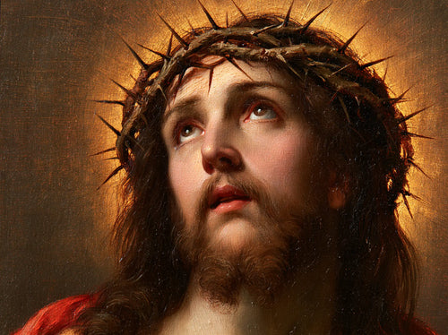 Jesus crowned with thorns in red, violet and gold in Crown of Thorns in Red, Violet and Gold style, landscape Christian artwork no. 1