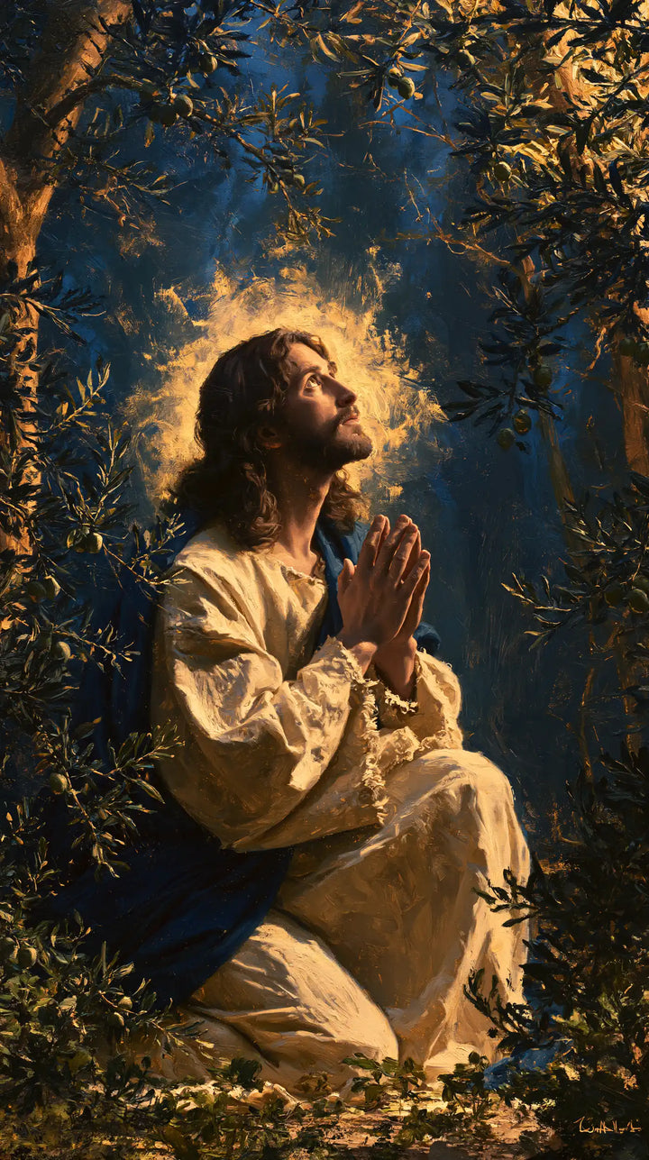 Jesus in Gethsemane - Gethsemane in Midnight Blue, Olive and Gold · Portrait n° 7