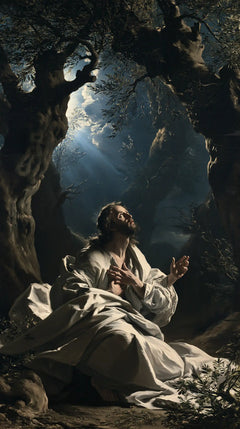 Jesus in Gethsemane — Prayer in Dark Silver Folds