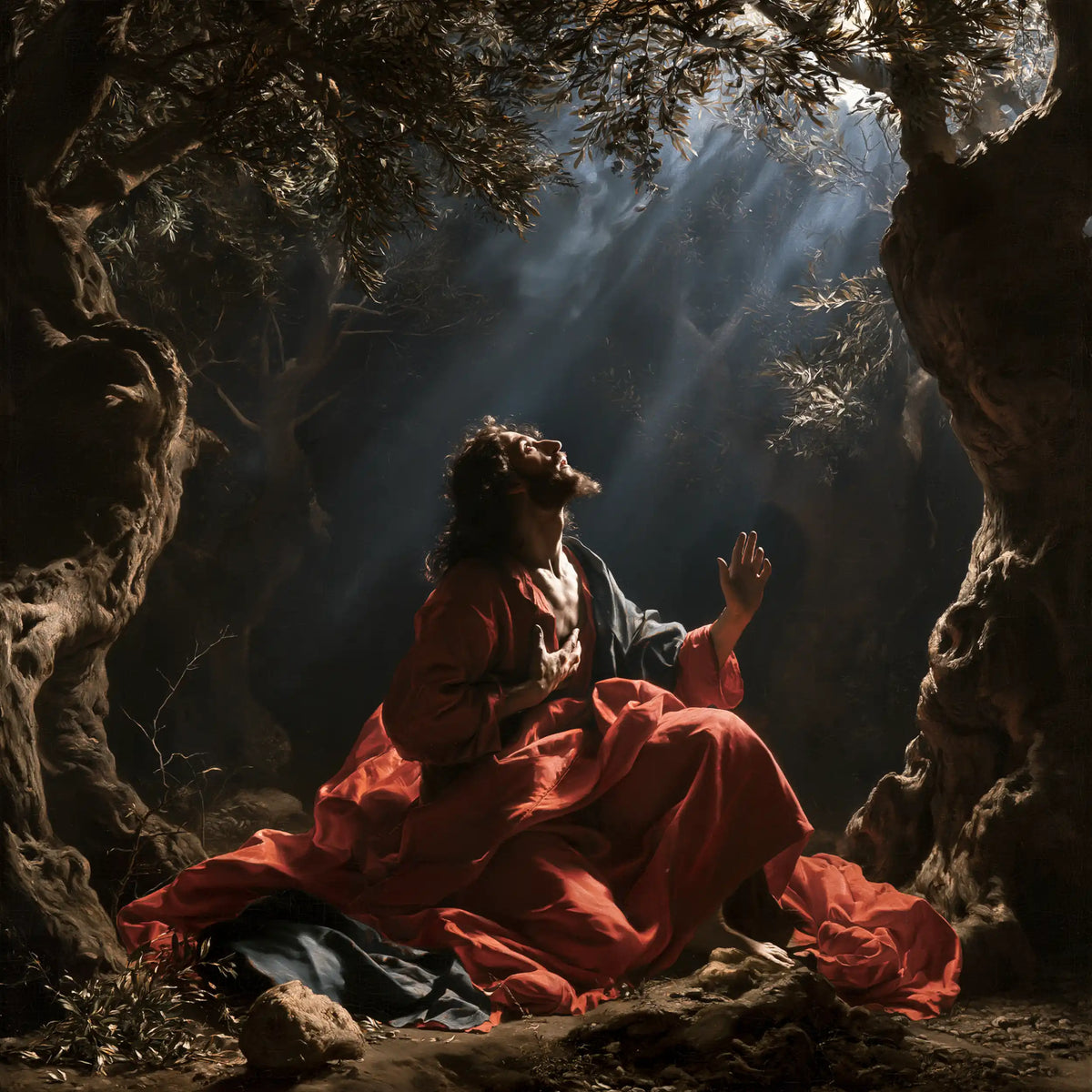 Jesus in Gethsemane — Scarlet beneath the Source of Light