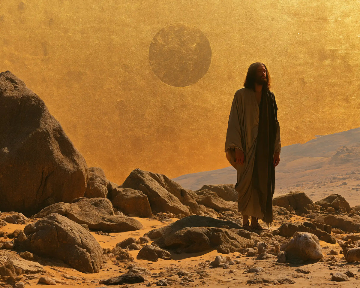 Jesus in the desert during the temptation in Sacred Gold style, landscape Christian artwork no. 1