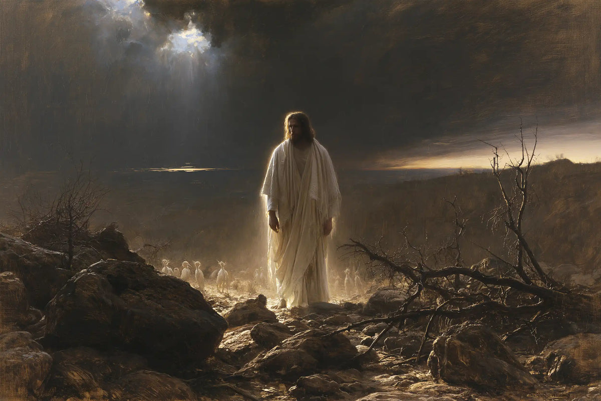 Jesus in the desert during the temptation in Symbolist style, landscape Christian artwork no. 13