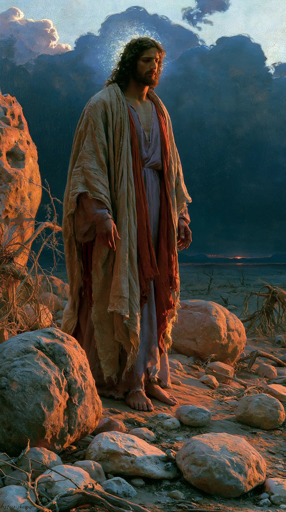 Jesus in the desert during the temptation in Symbolist style, portrait Christian artwork no. 6