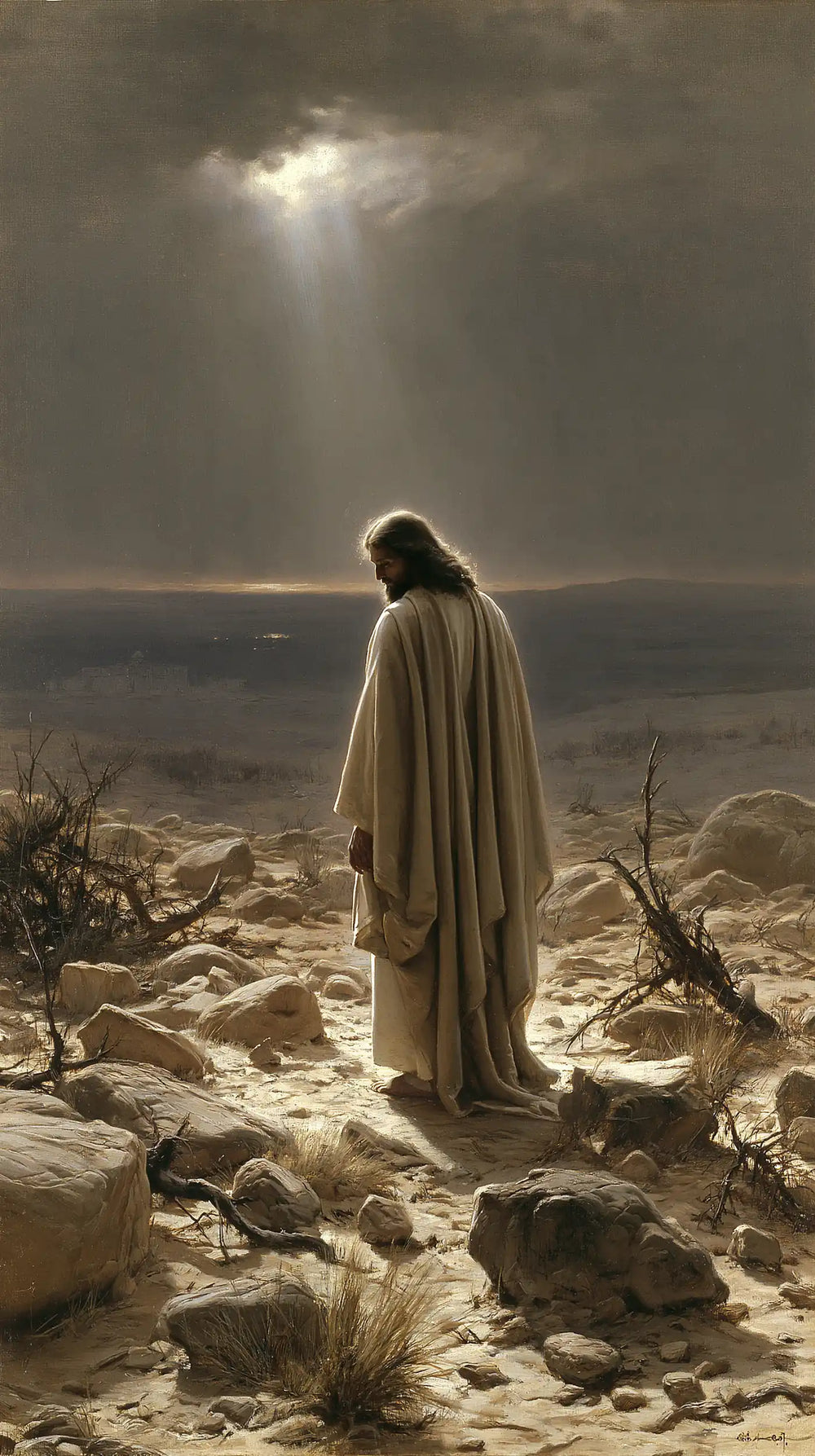 Jesus in the desert during the temptation in Symbolist style, portrait Christian artwork no. 18